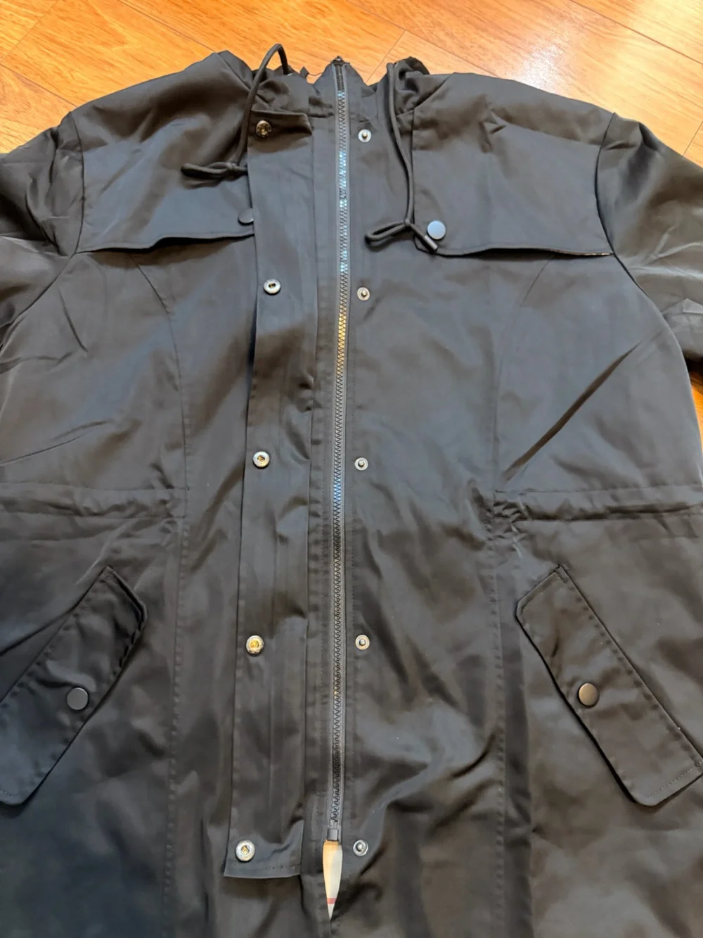 Saphirose Women’s Black Hooded Rain Coat with Plaid Lining Size XL