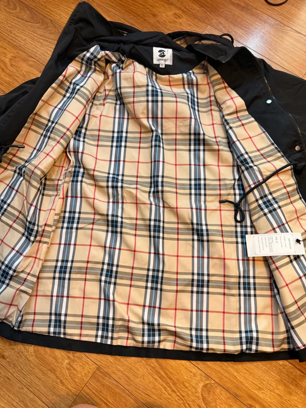 Saphirose Women’s Black Hooded Rain Coat with Plaid Lining Size XL