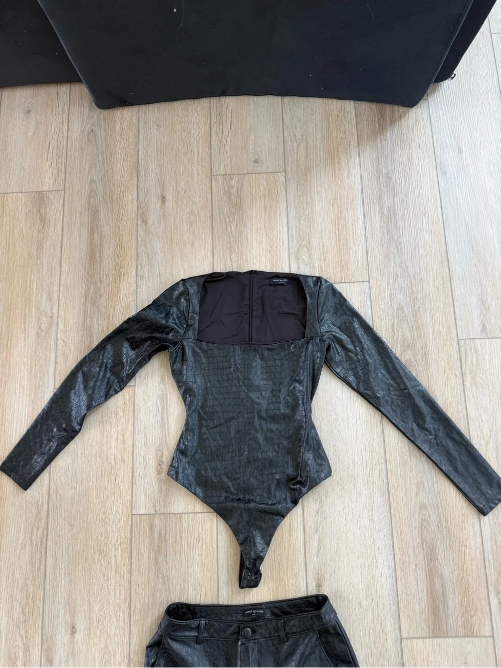 naked wardrobe Black Faux-Leather Cargo Jogger Pants & bodysuit