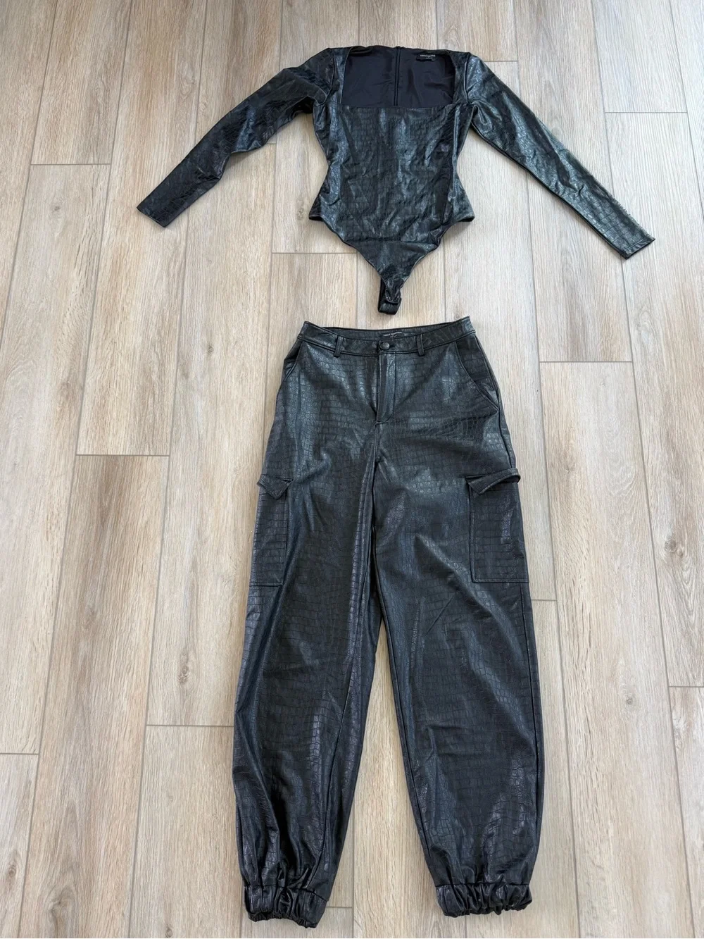 naked wardrobe Black Faux-Leather Cargo Jogger Pants & bodysuit