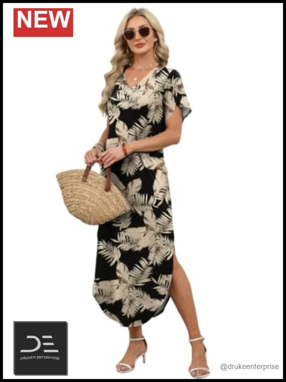 Short Sleeve V Neck Maxi Sundress with Pockets and Side Slit