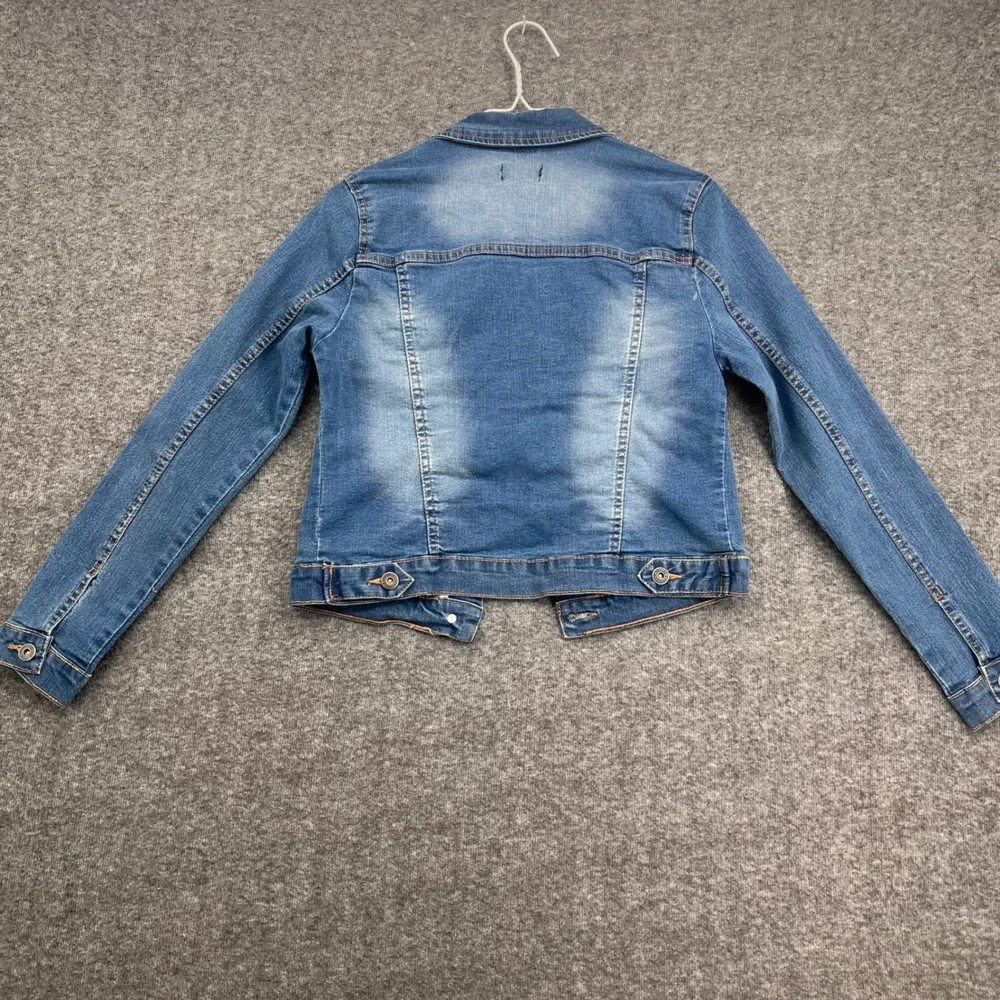 New Look Womens Medium Wash Distressed Stretch Denim Trucker Jacket Blue Size M