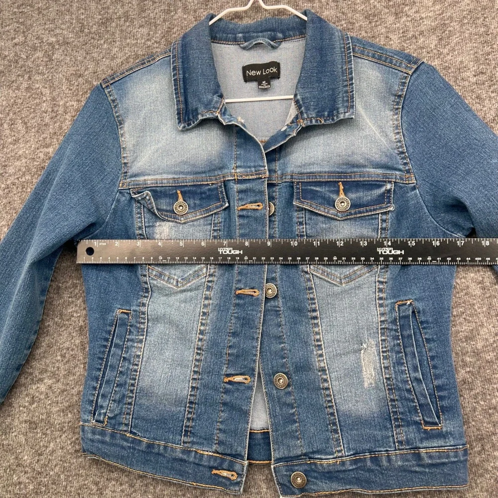 New Look Womens Medium Wash Distressed Stretch Denim Trucker Jacket Blue Size M