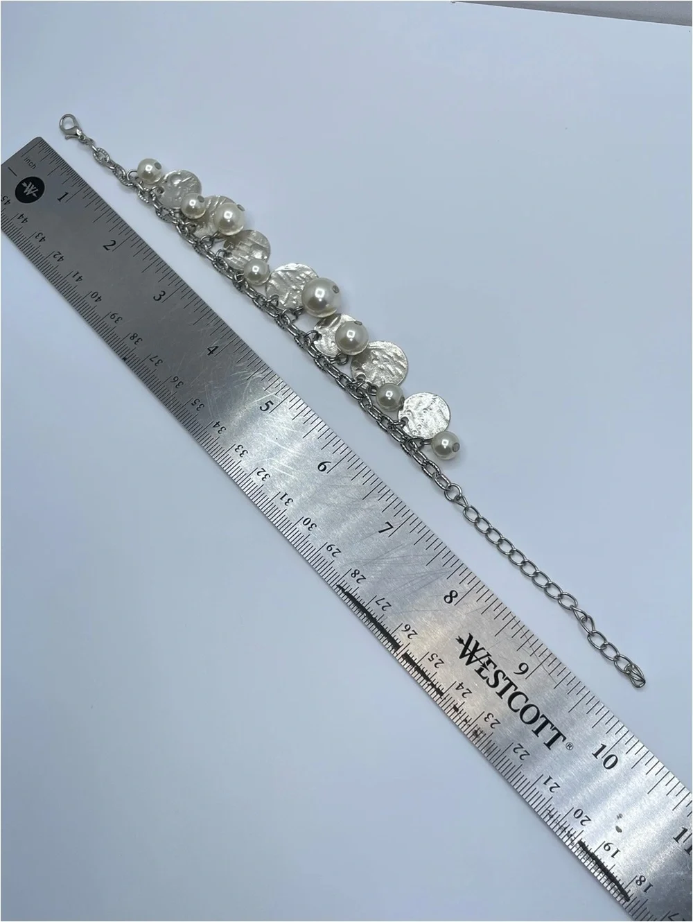 Silver Tone Faux Pearl Charm Bracelet Disc Dangle Boho
