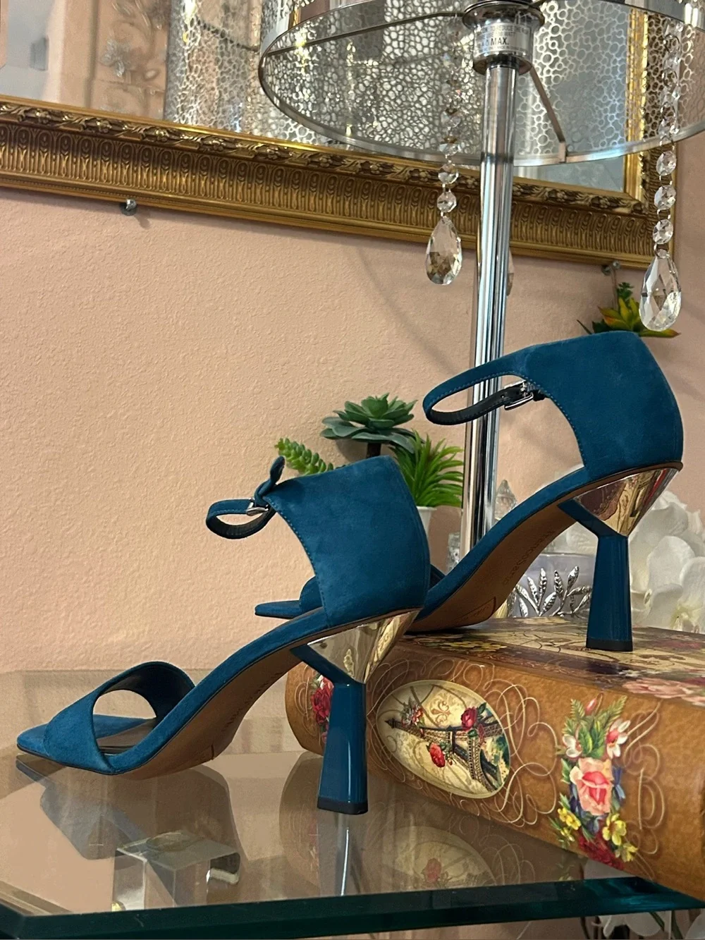 Never Worn * Franco Sarto Blue Suede Open-Toe Silver Heel Sandals Size 9.5