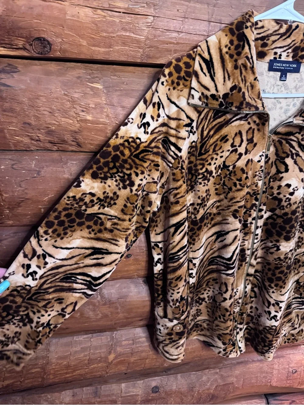 Jones New York Faux Fur Animal Print Zip Jacket - Brown/Tan/Black