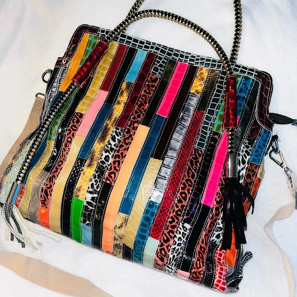 Leather Patchwork Multicolor Tote Bag Leather fringe