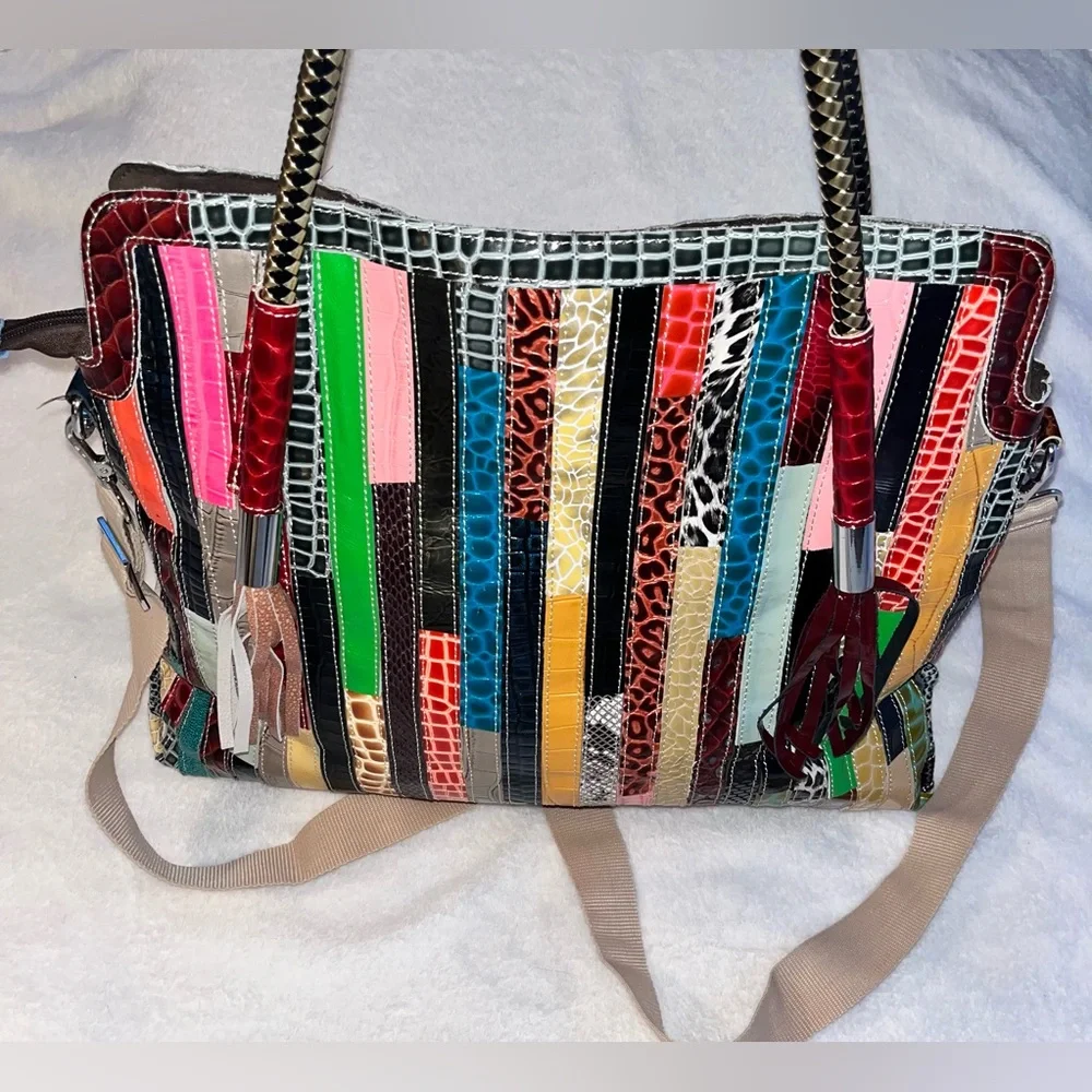 Leather Patchwork Multicolor Tote Bag Leather fringe