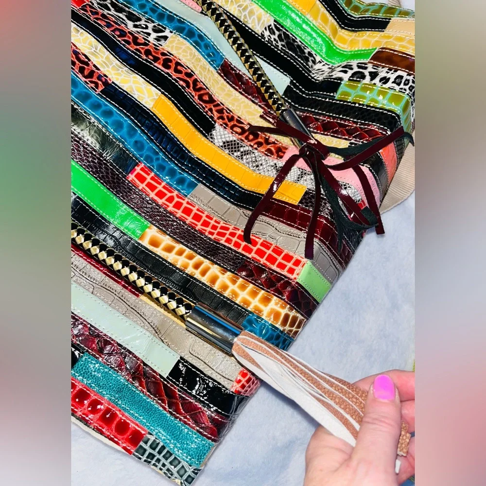 Leather Patchwork Multicolor Tote Bag Leather fringe
