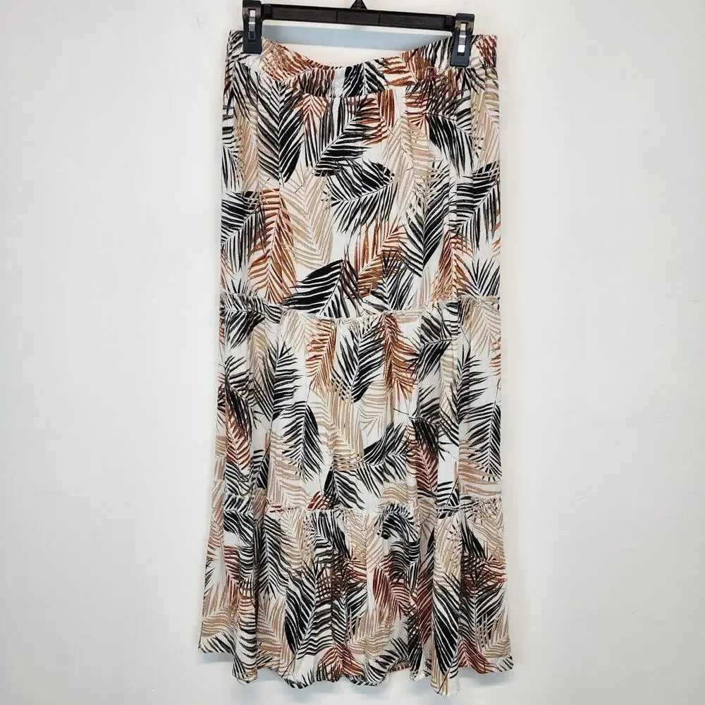 Robert Louis Tropical Print Maxi Skirt Size L Brown Tiered 100% Rayon Vacation