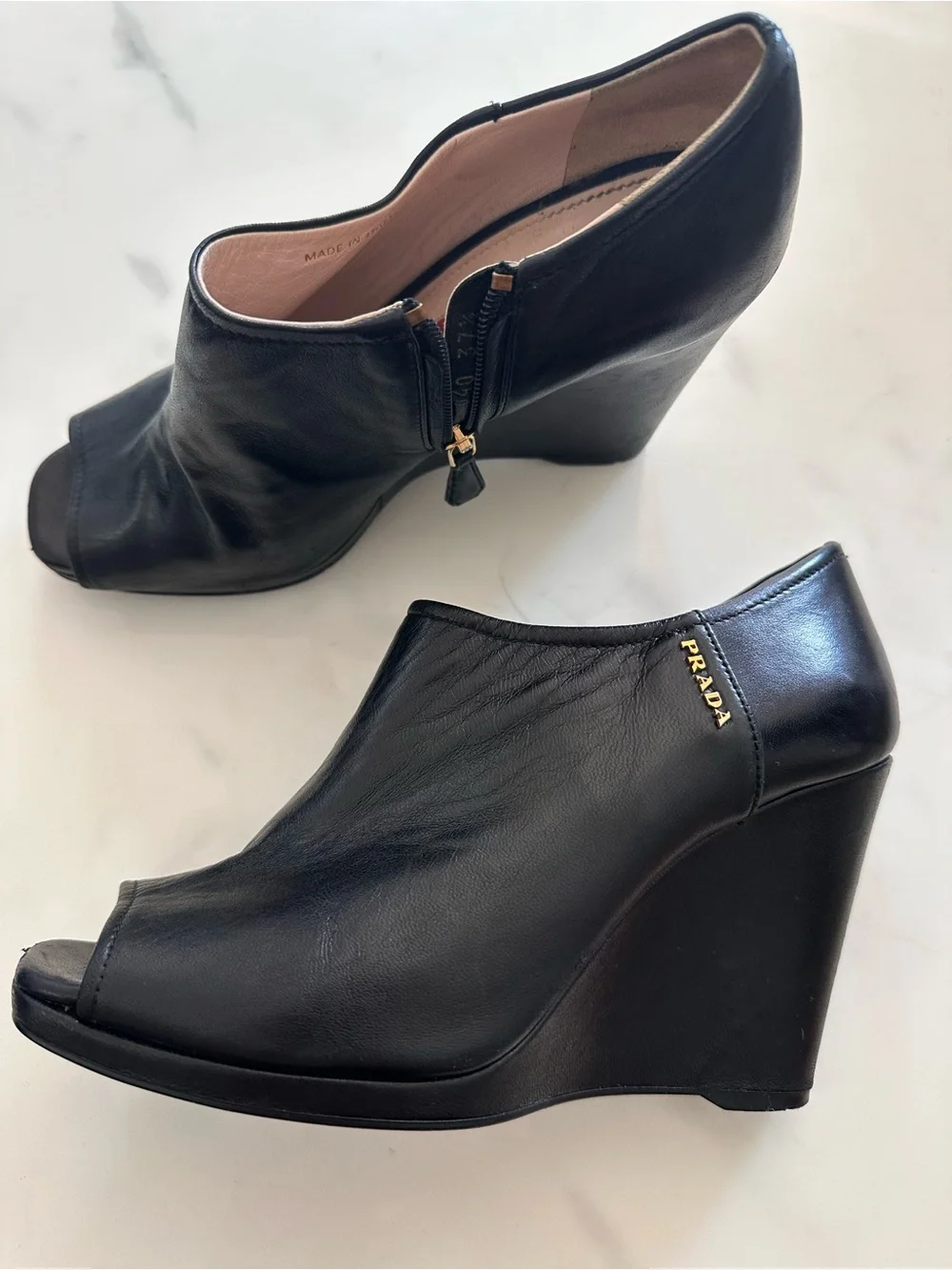 Prada peep toe wedge booties authentic size 37.5 black