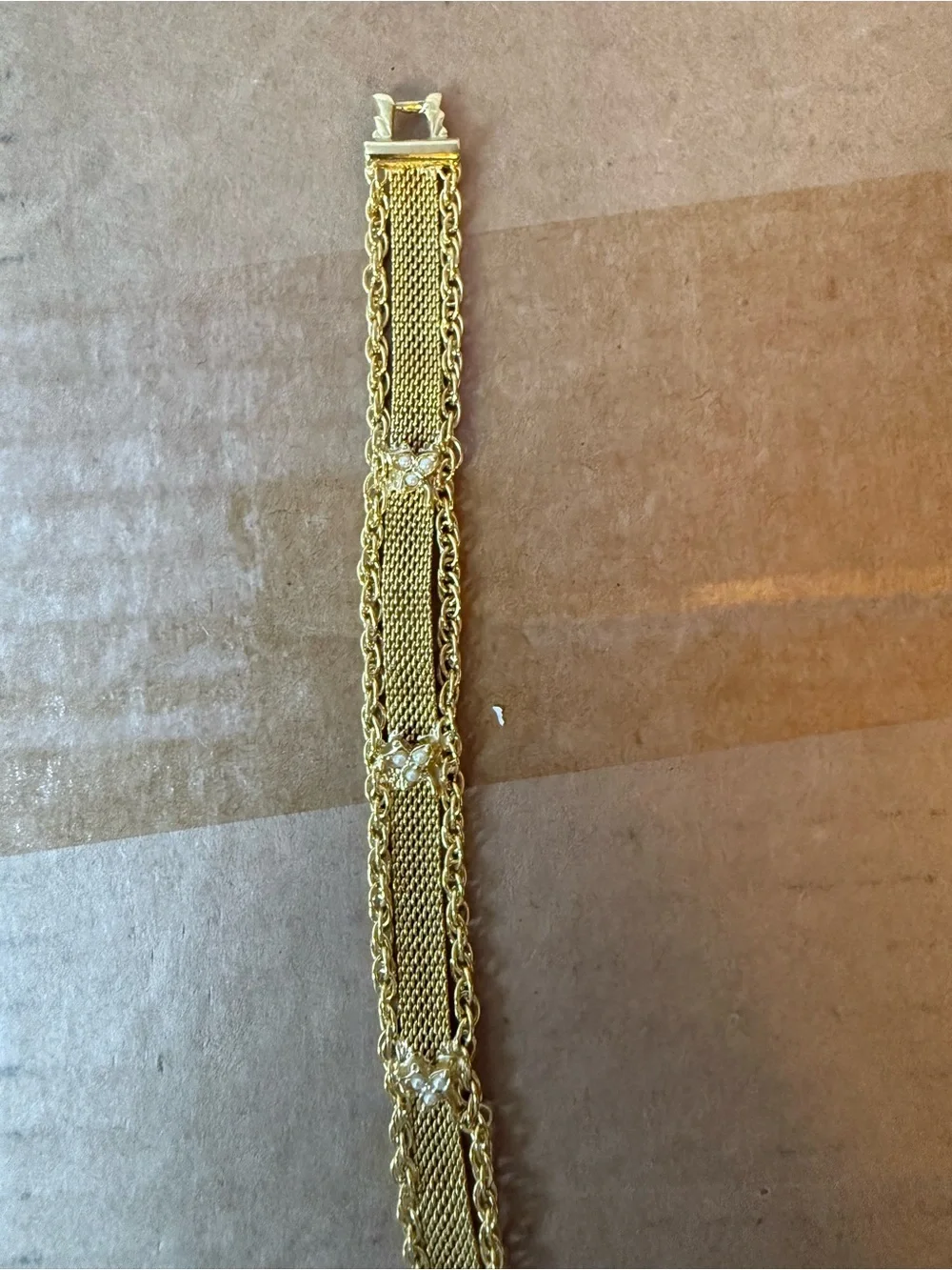 Goldette Vintage Gold-Tone Mesh and Chain Bracelet with Rhinestone Accents