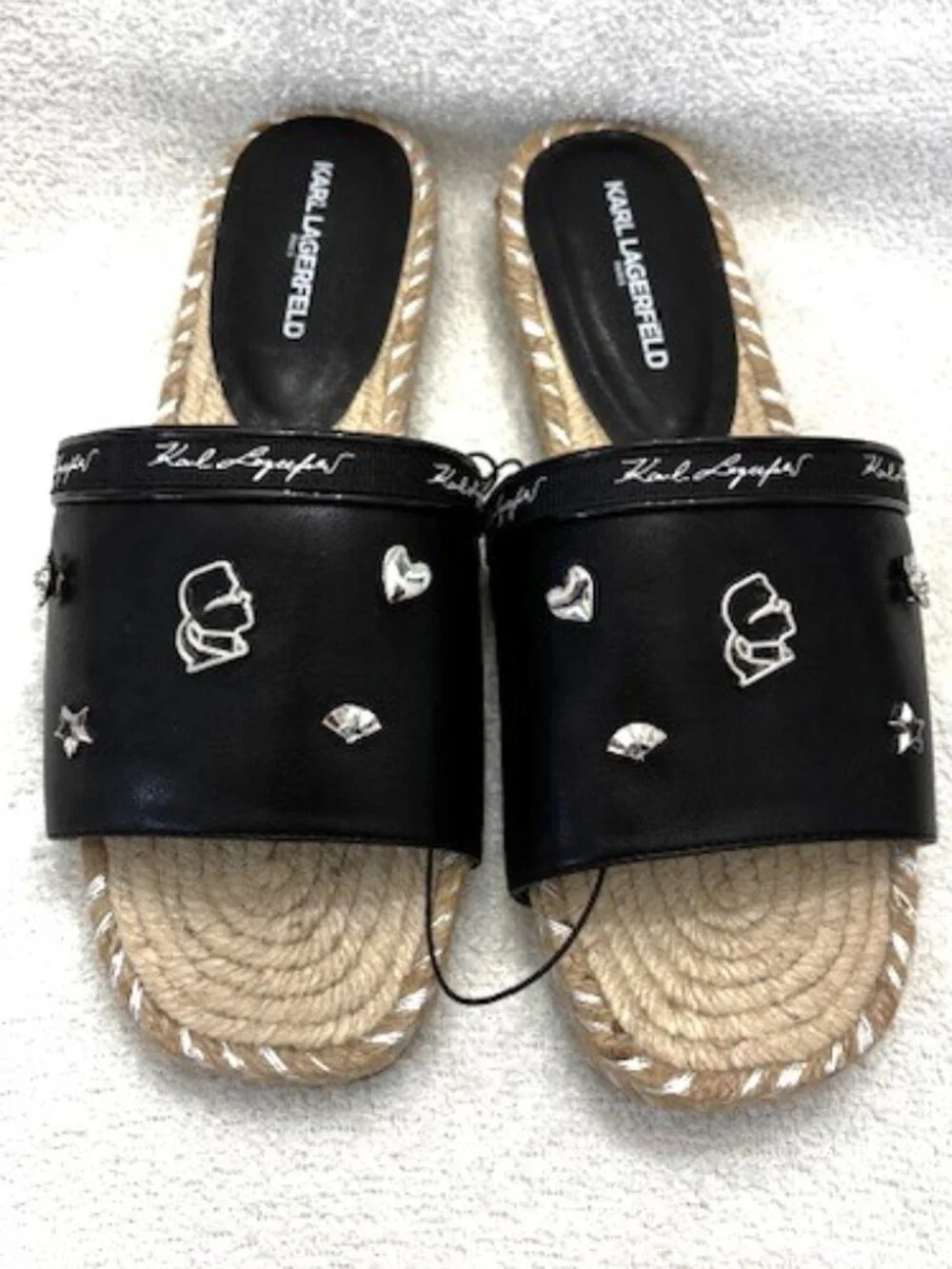 Karl Lagerfeld Paris Tulia black logo embellished slides with jute trim Size 8