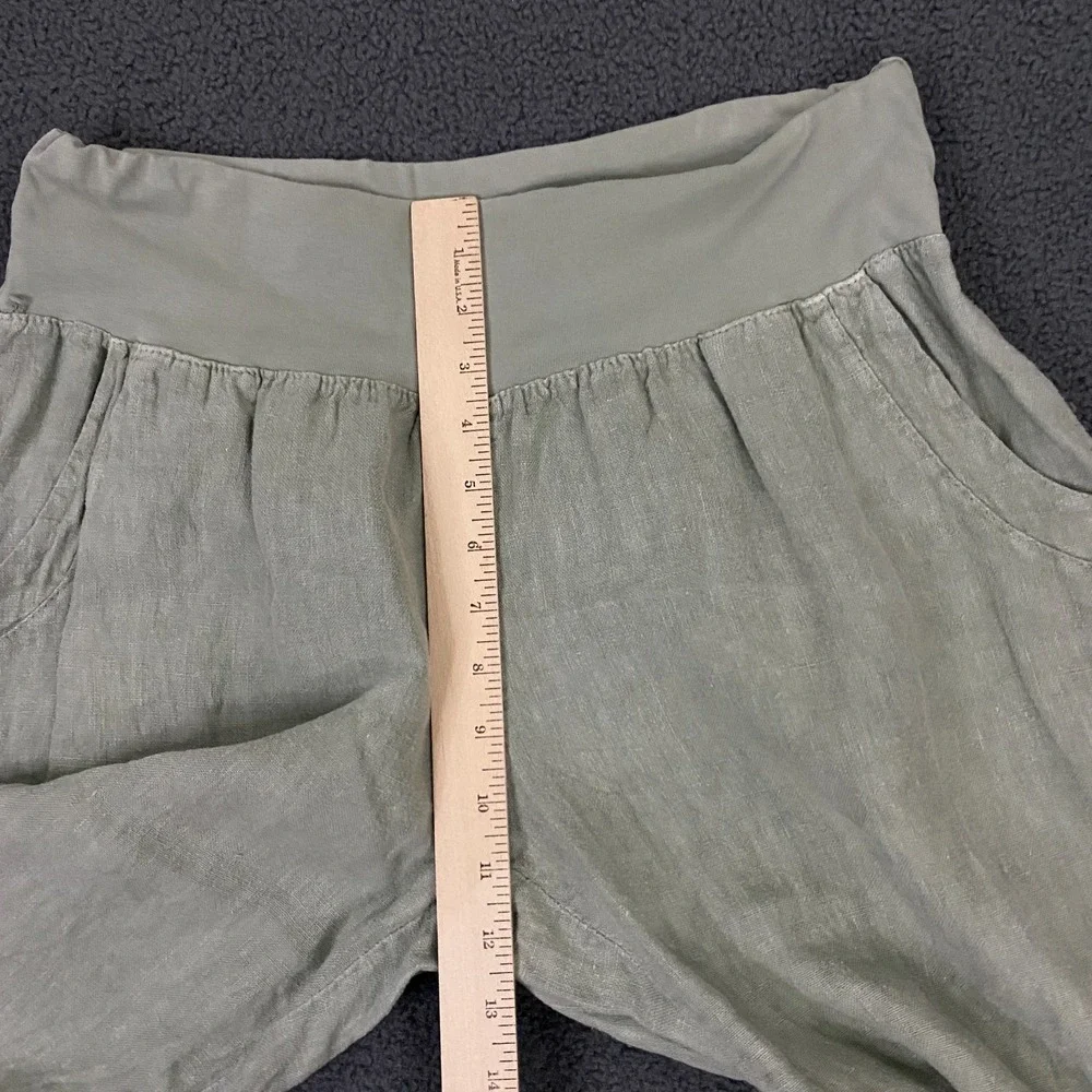100% Linen Pants Womens 2XL Green Wide Leg Cropped Elastic Waist Lagenlook Italy