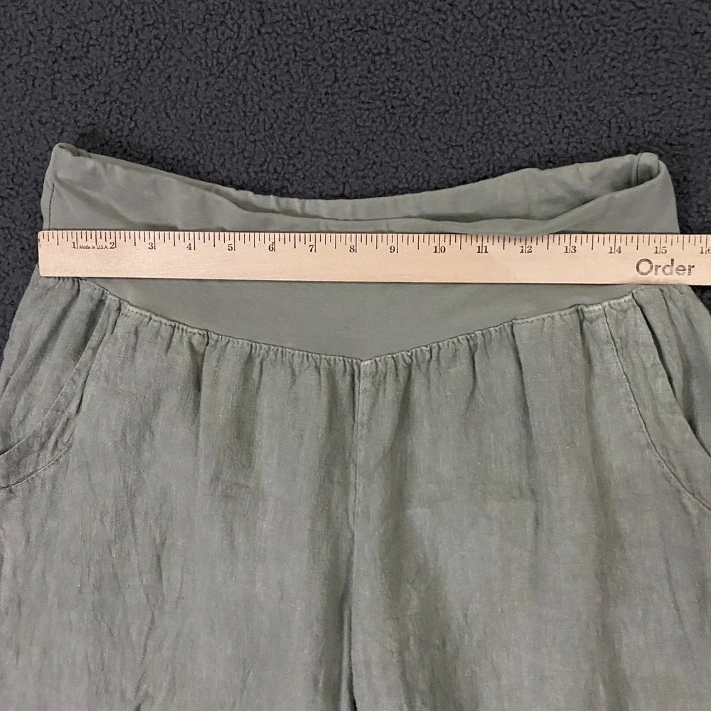 100% Linen Pants Womens 2XL Green Wide Leg Cropped Elastic Waist Lagenlook Italy