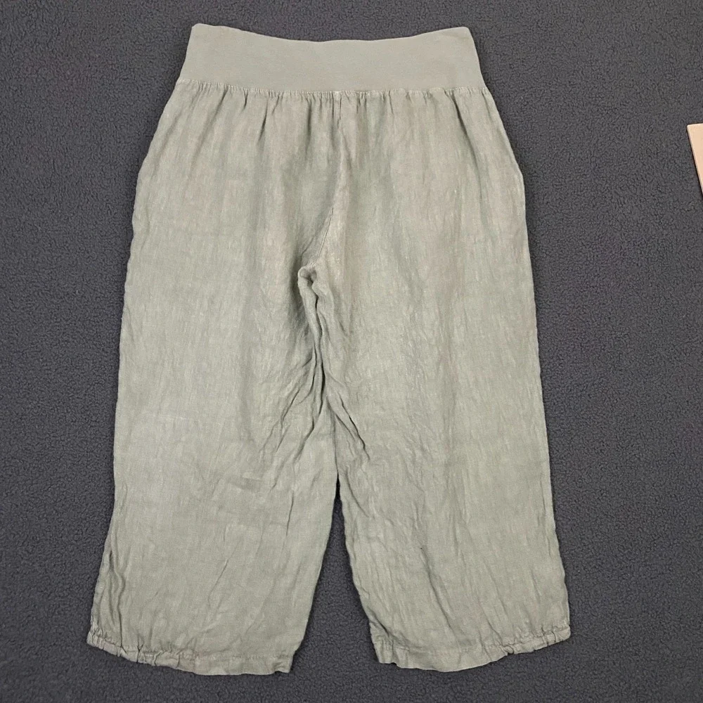 100% Linen Pants Womens 2XL Green Wide Leg Cropped Elastic Waist Lagenlook Italy