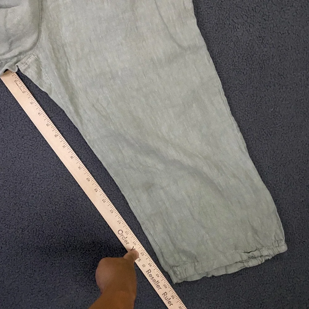 100% Linen Pants Womens 2XL Green Wide Leg Cropped Elastic Waist Lagenlook Italy