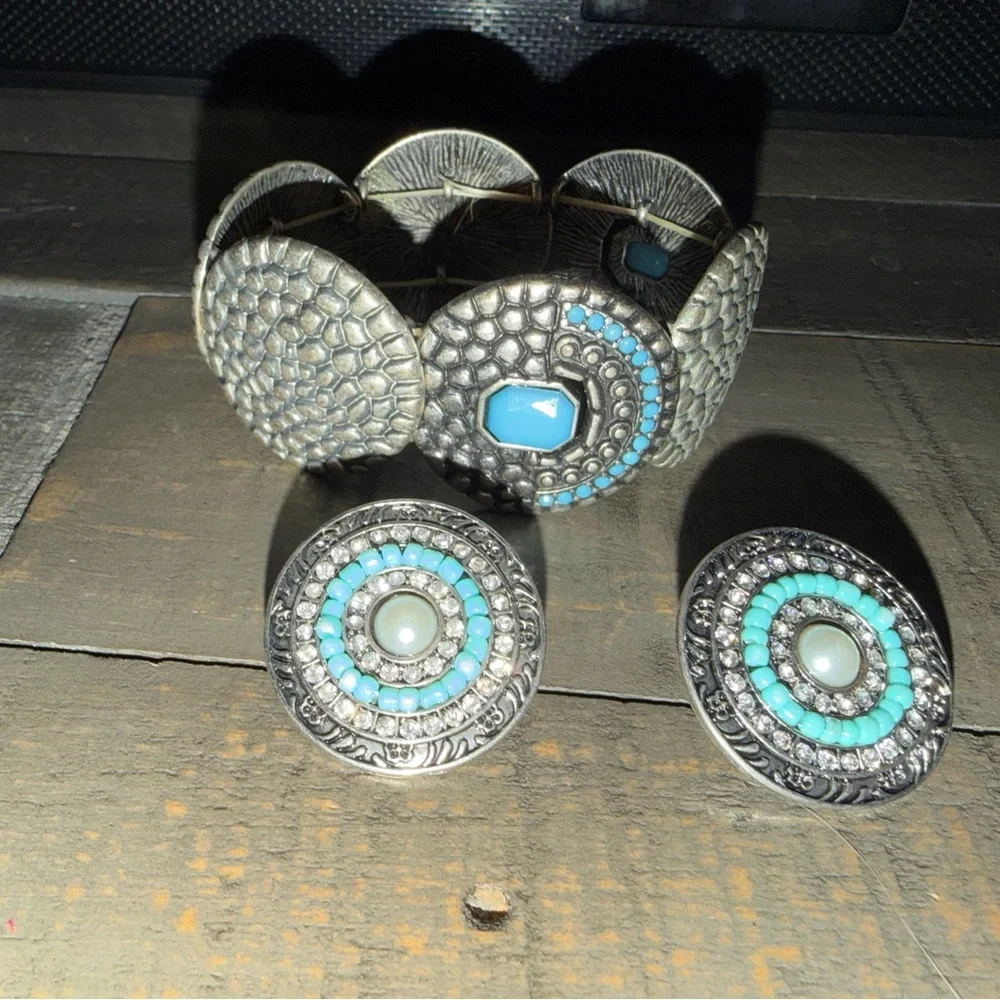 Silver and Turquoise Jewelry Set earrings and bracelet women's fashion jewelry‎
