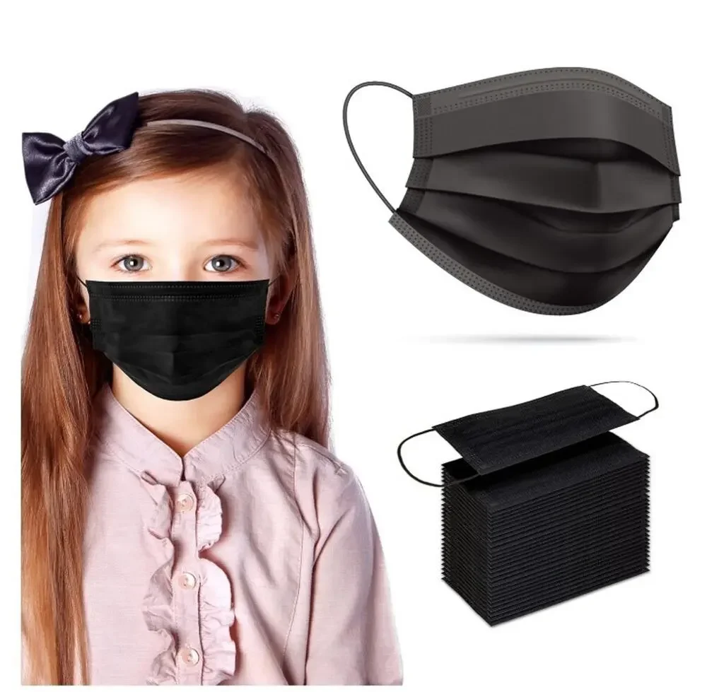 100 Pack Kids Disposable Face Masks 3-Ply Black | Boys & Girls Child School Earl