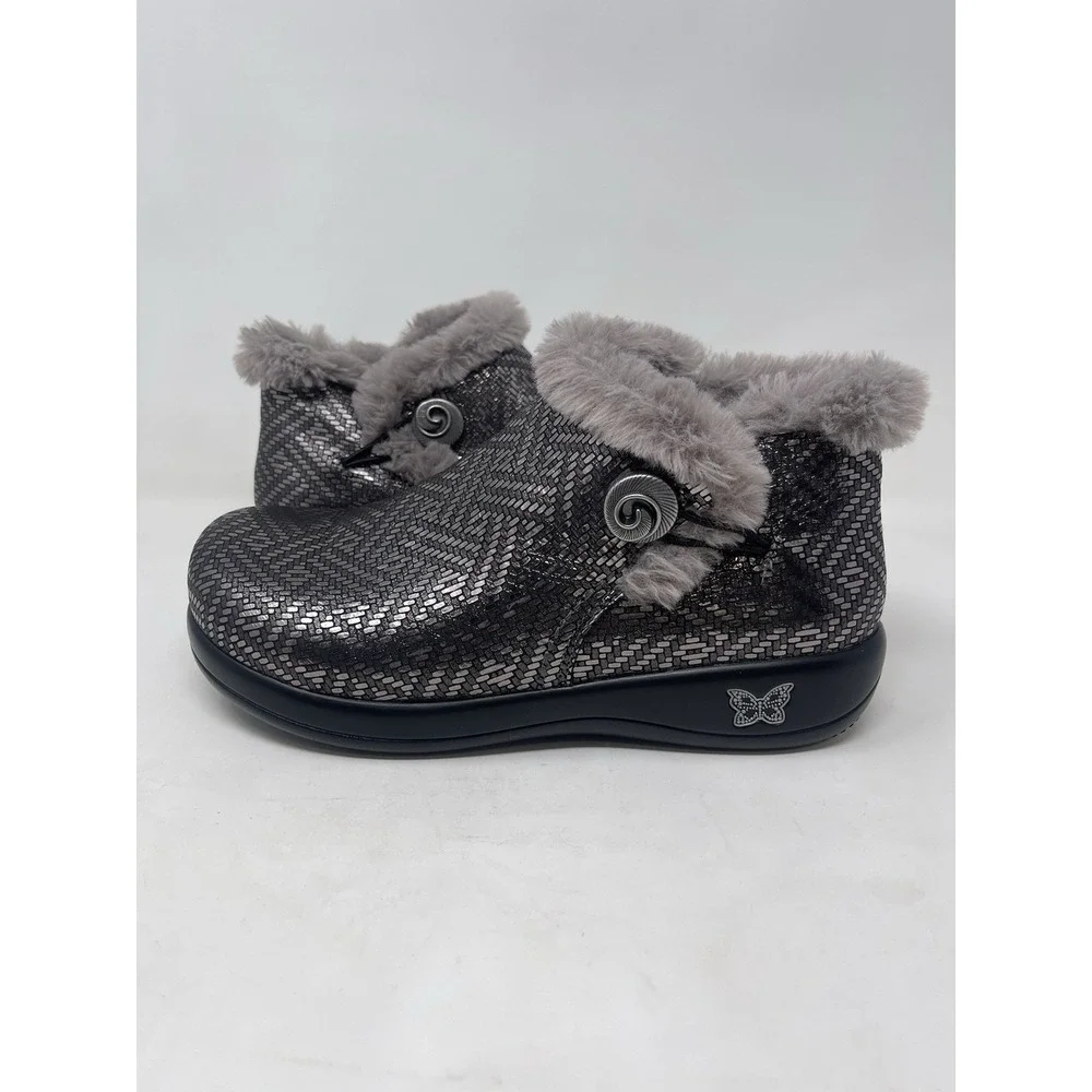 Alegria Womens Ankle Boots 8/8.5 Eu 38W Faux Fur Lined MER532 Silver Leather