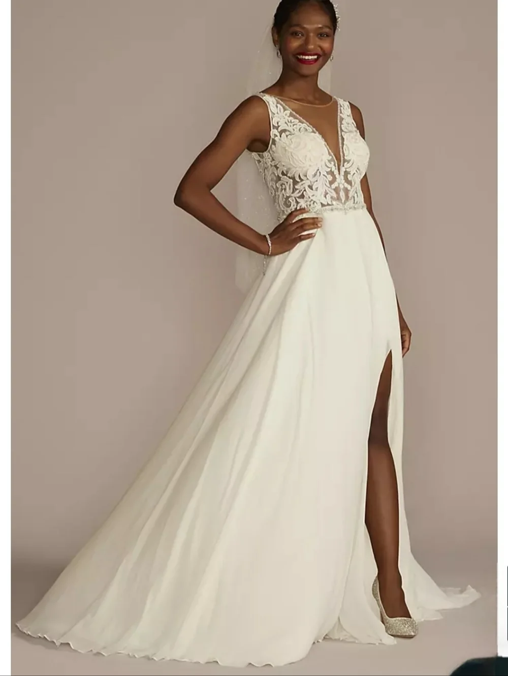 Ivory Lace Bodice A-Line Dress with Side Slit
