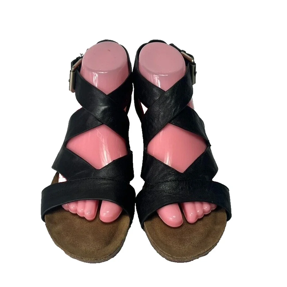 Sofft Sandals Womens 9M Black Leather Crukis Wedge Cushioned Open Toe Adjustable
