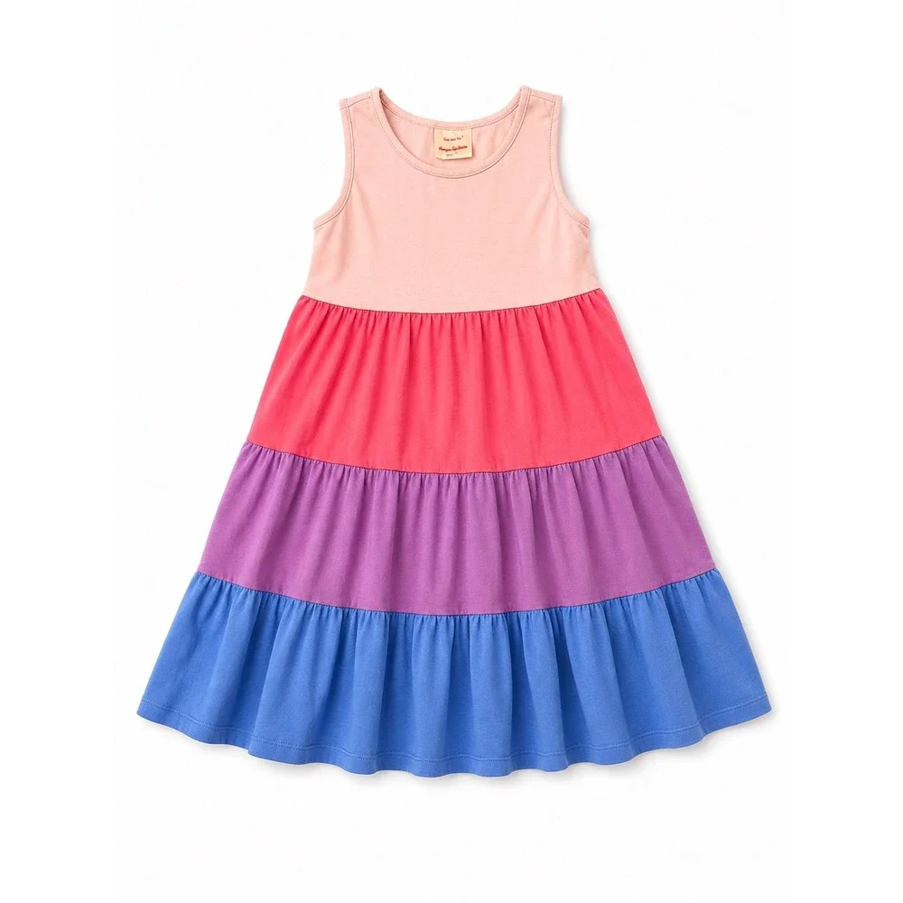 Hanna Andersson Girl Size 8 Colorblock‎ Tiered Dress Pink Purple Blue Sleeveless