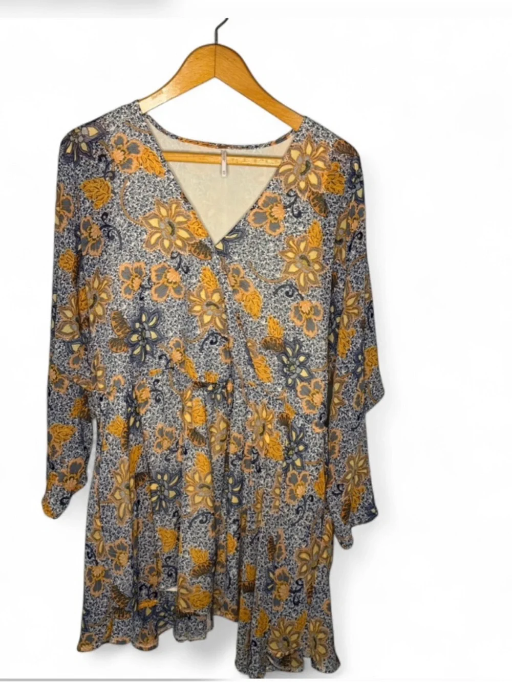 Free People Boho Floral Mini Dress‎ XS Flowy Bell Sleeve