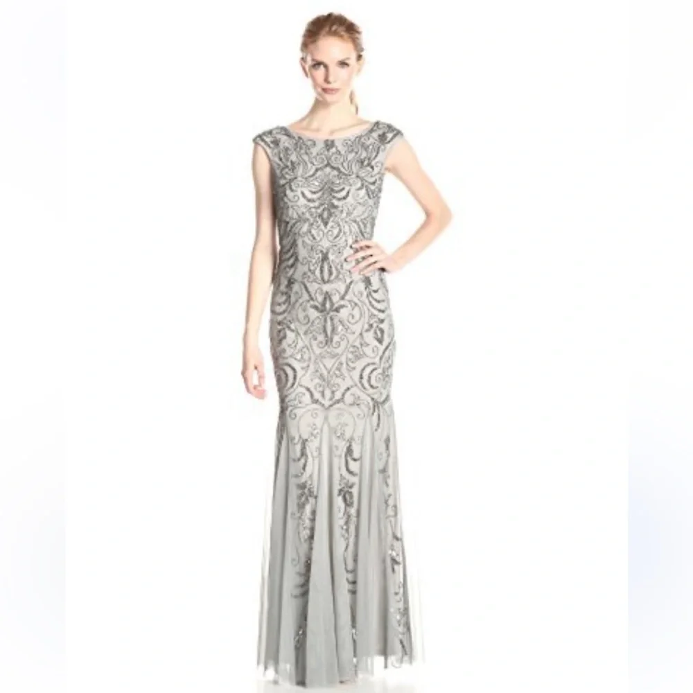 NWT Adrianna Papell Silver Gray Fully Beaded Embellished Mermaid Gown Size 10