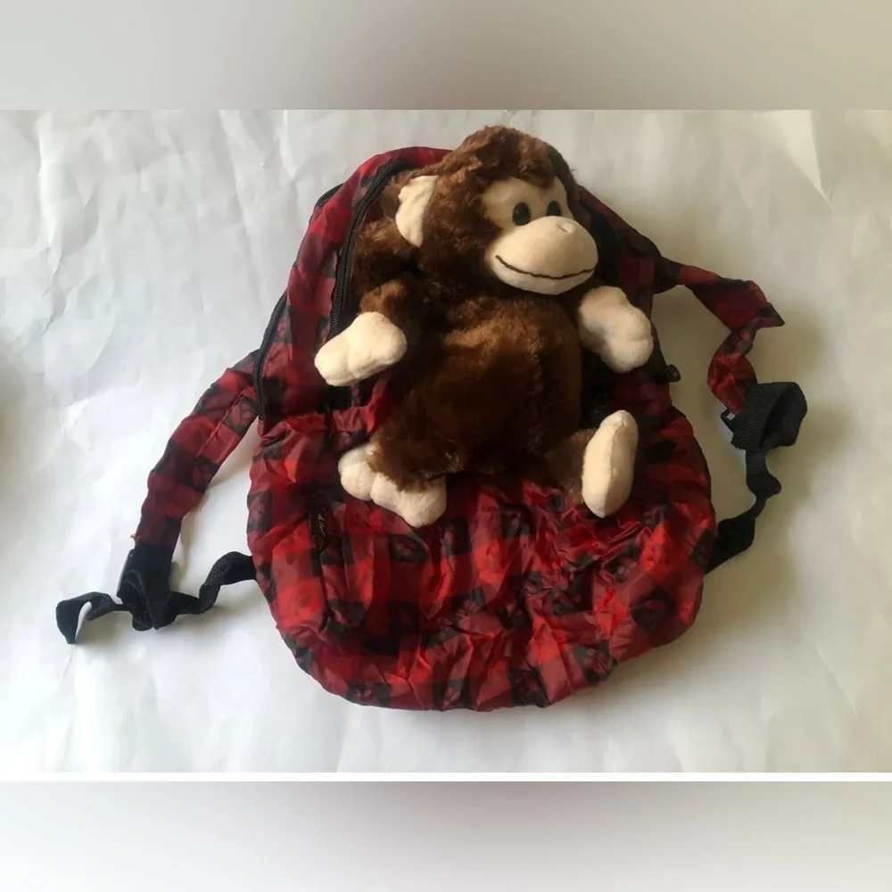 Pet Sac Monkey Plush Red Plaid Backpack Bag