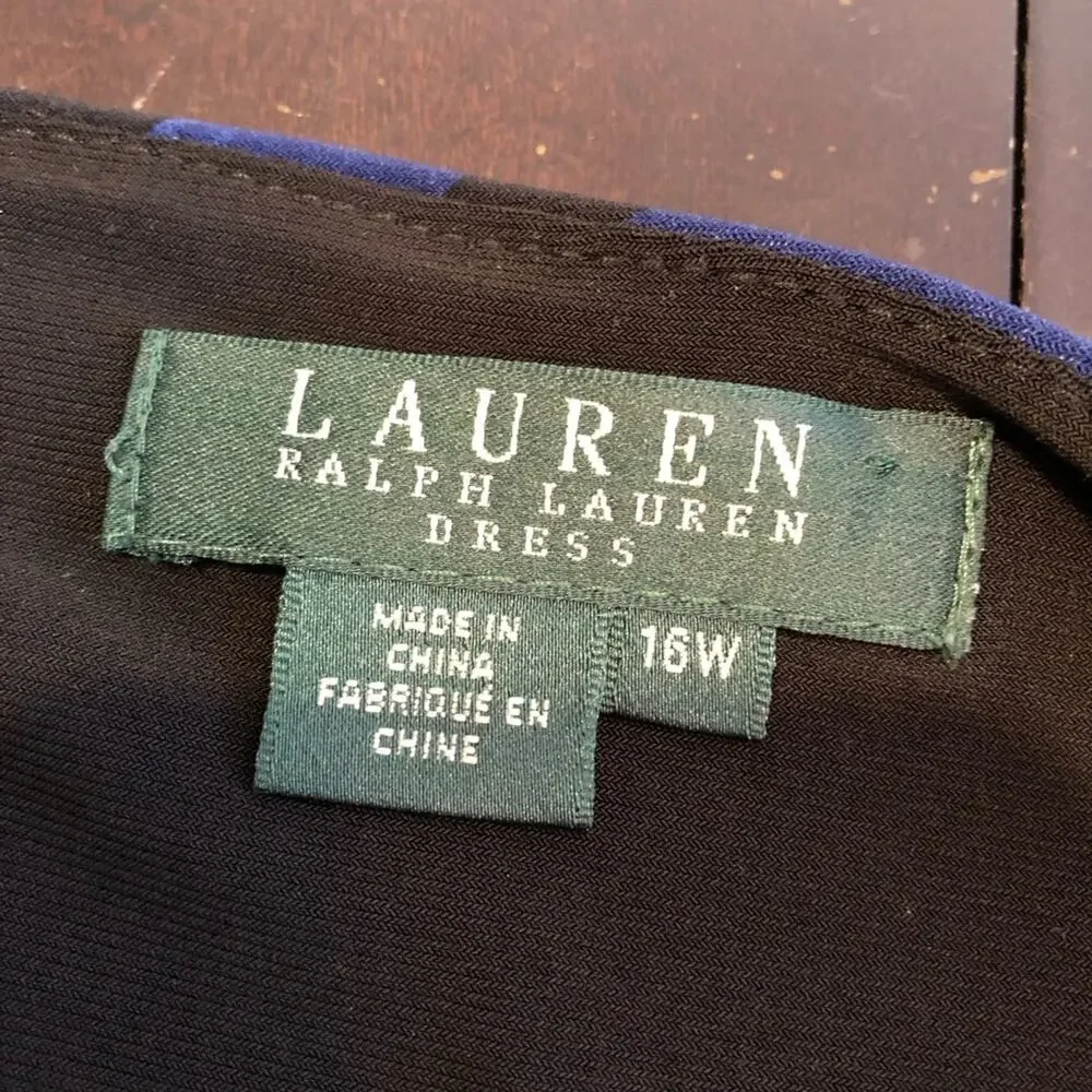 Lauren Ralph Lauren blue black geometric ruched side midi dress size 16W
