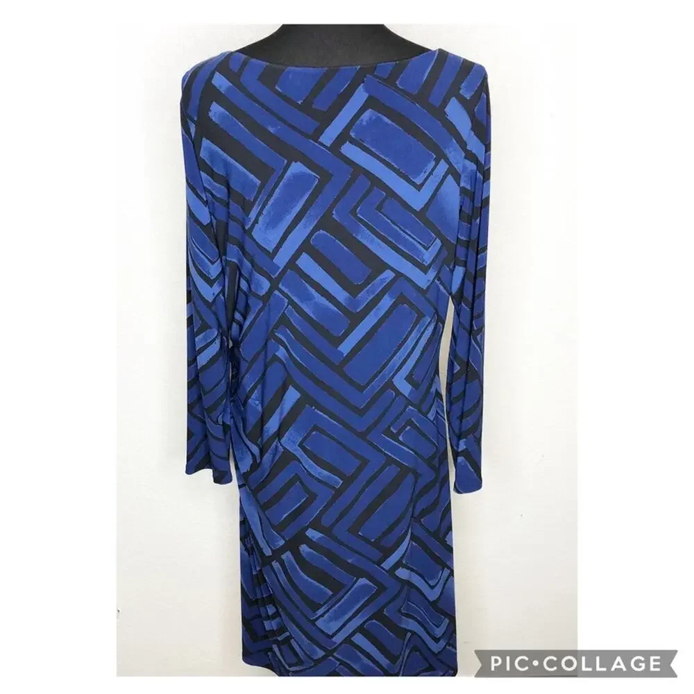 Lauren Ralph Lauren blue black geometric ruched side midi dress size 16W