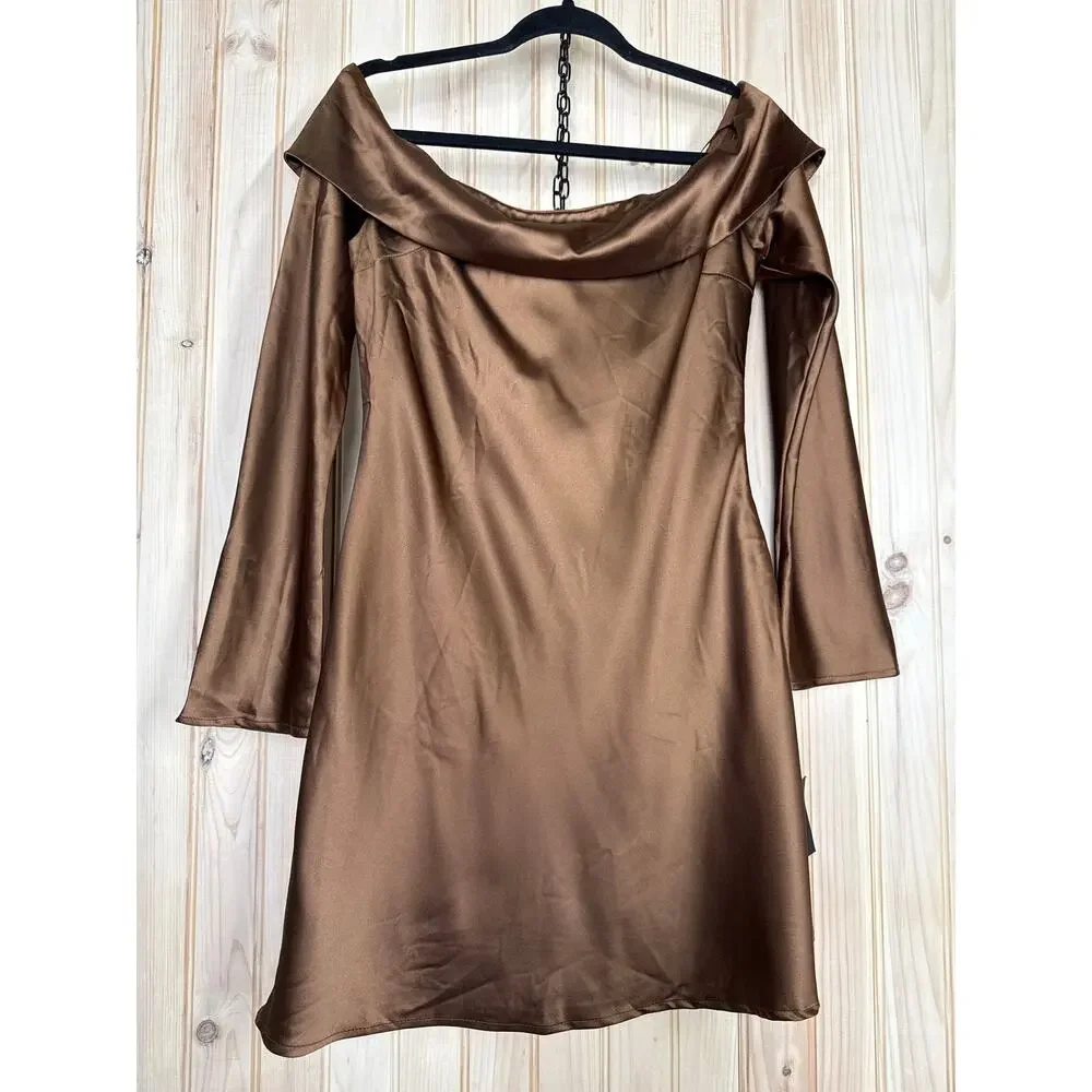 NWT Lulus Luxurious Vision Brown Satin Off-the-Shoulder Mini Dress Party Size L