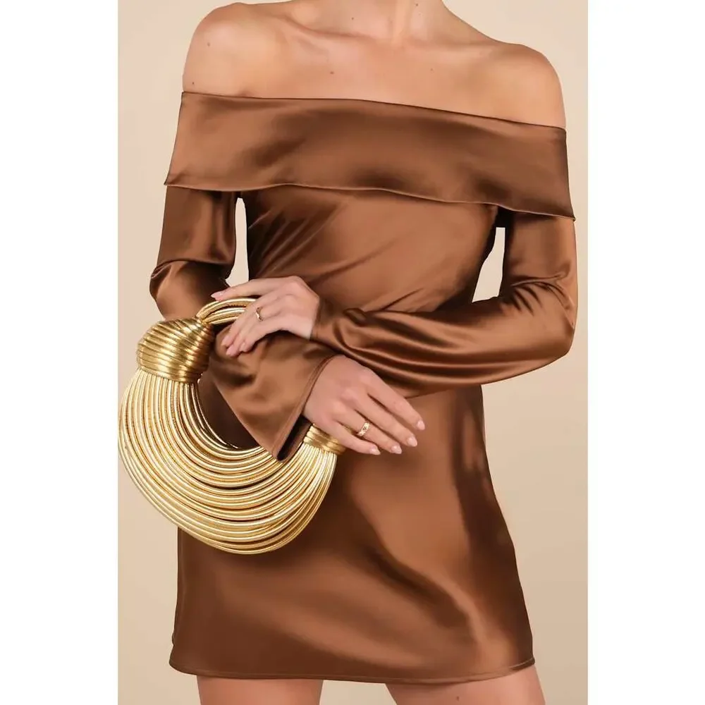 NWT Lulus Luxurious Vision Brown Satin Off-the-Shoulder Mini Dress Party Size L