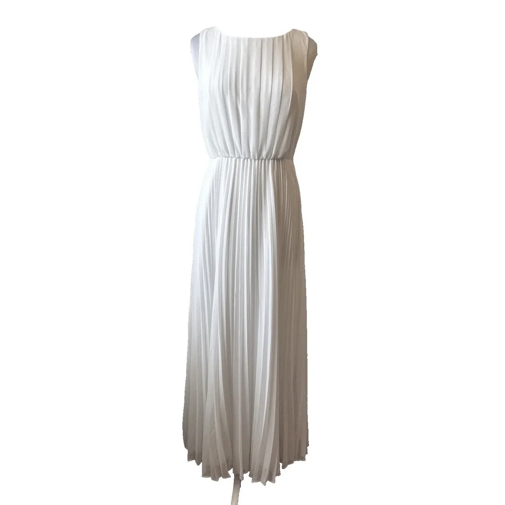 WHBM Old Money Coastal‎ White Pleated Chiffon Maxi Dress 10 Wedding Beach Chic
