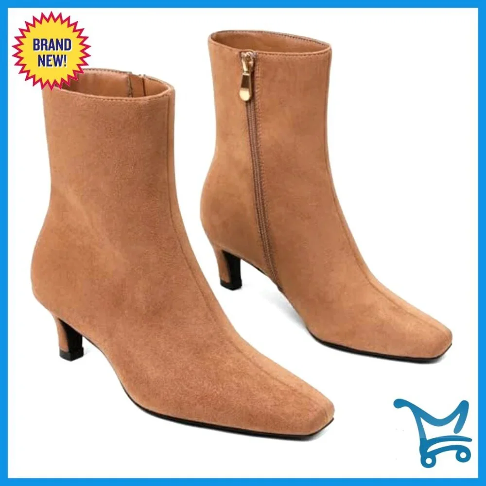 Square Toe Ankle Boots with Kitten Heel Side Zip Faux Suede Dressy