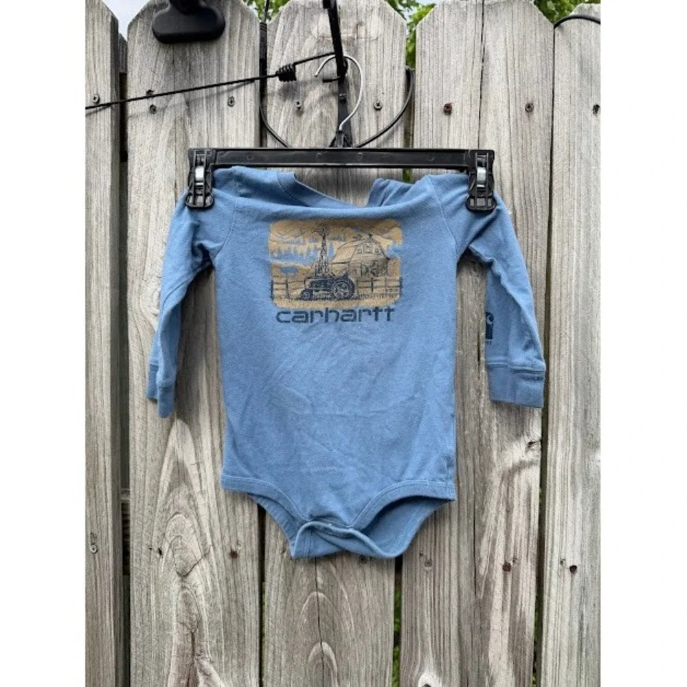 Farm Carhartt Bodysuit Kids 12M Blue Graphic Tractor Barn Long Sleeve Workwear