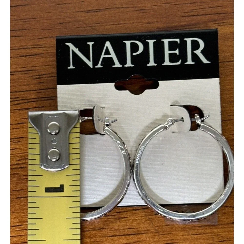 Napier Earrings Silver Toned Hoops Etched Black Design Brand New on Card