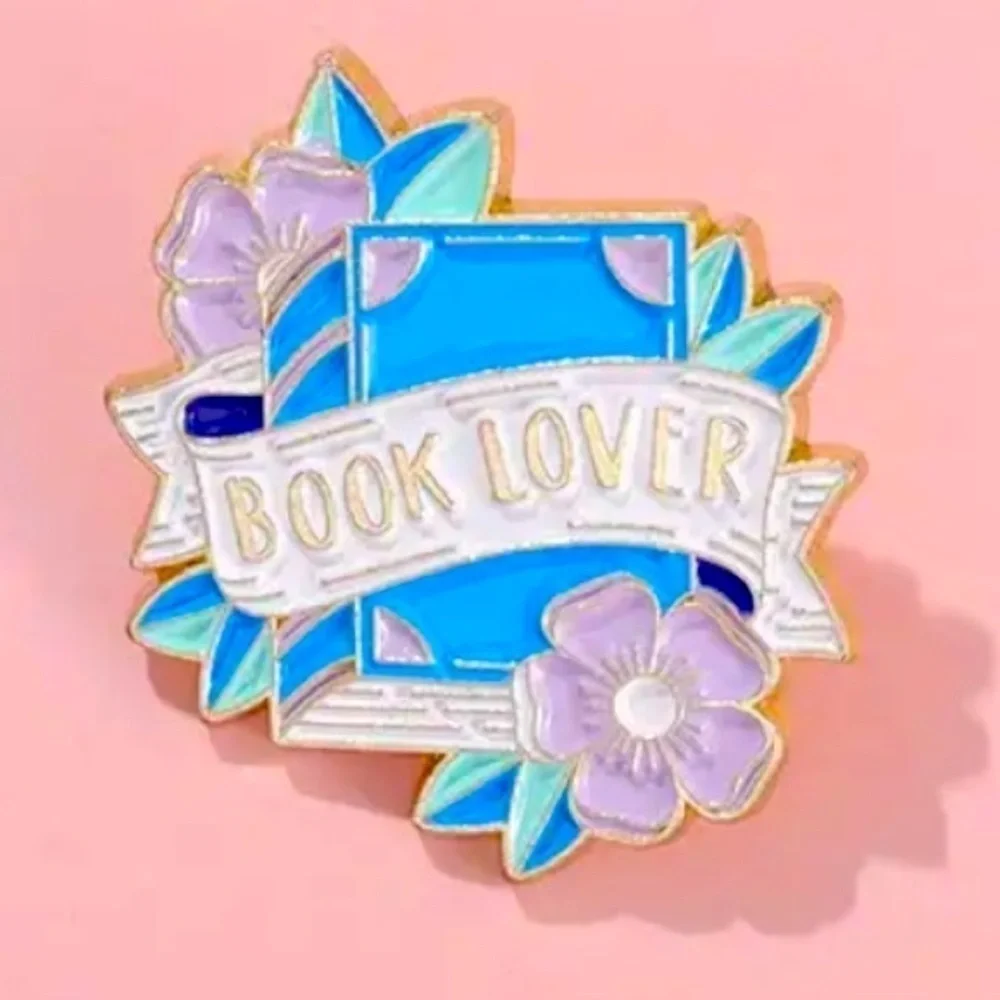 3/$25 “Book Lover” Blue Book Lavender Flowers Pin Badge Brooch