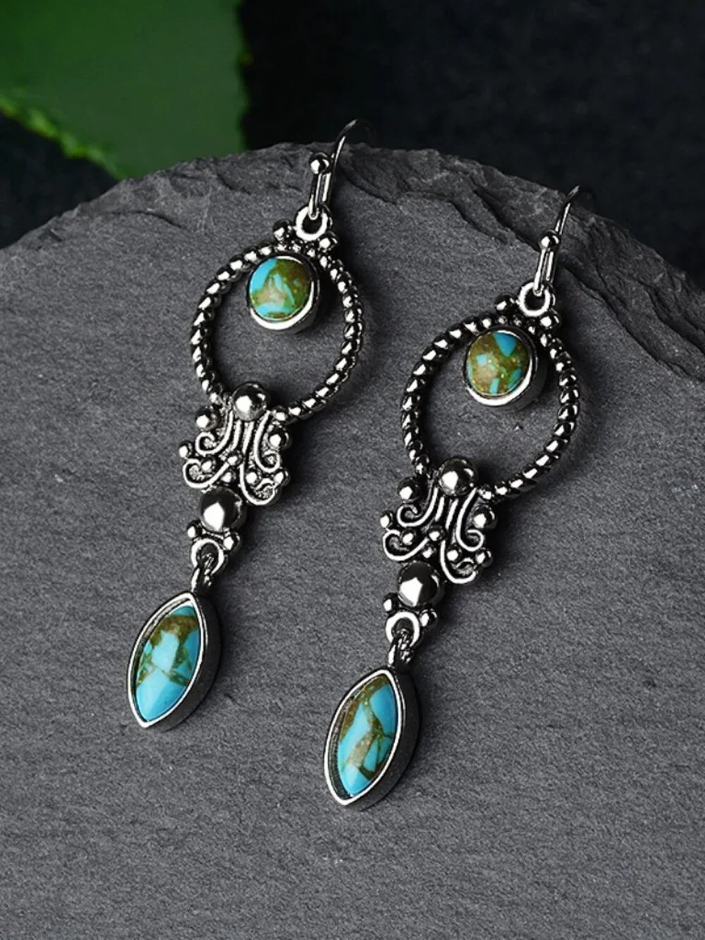 Silver Tone Vintage Open Circle Turquoise Inlay Dangle Hook Earrings Boho Tribal