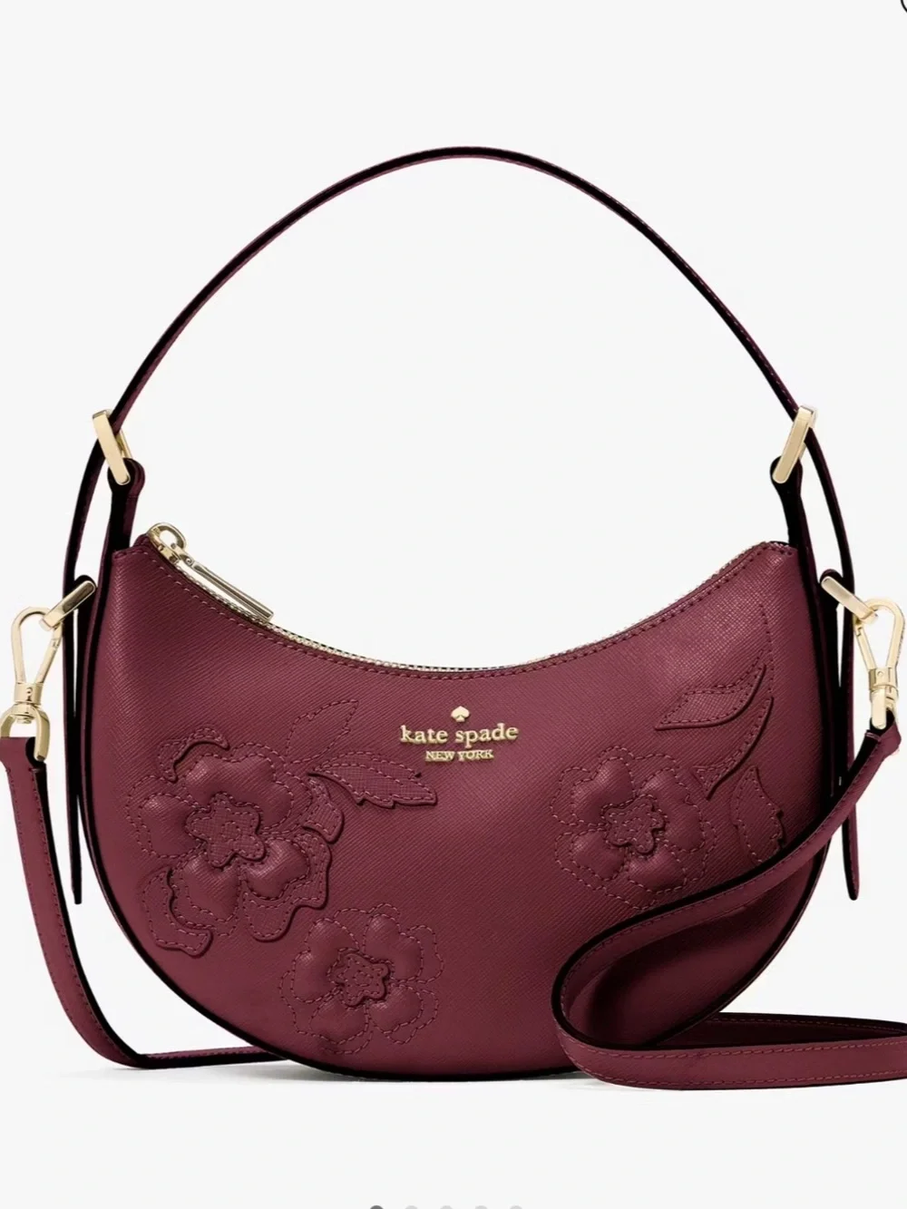 NWT-Kate Spade-SET-Madison-Crescent Bag &Cardholder-Dk Merlot-Forest Blooms-$468