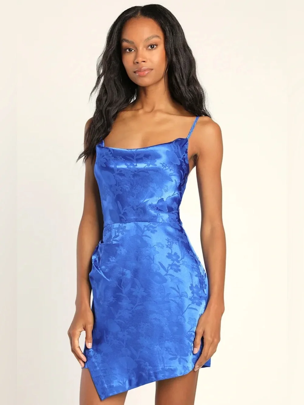 Like new Lulus Fabulously Fun Royal Blue Satin Jacquard Faux-Wrap Mini Dress