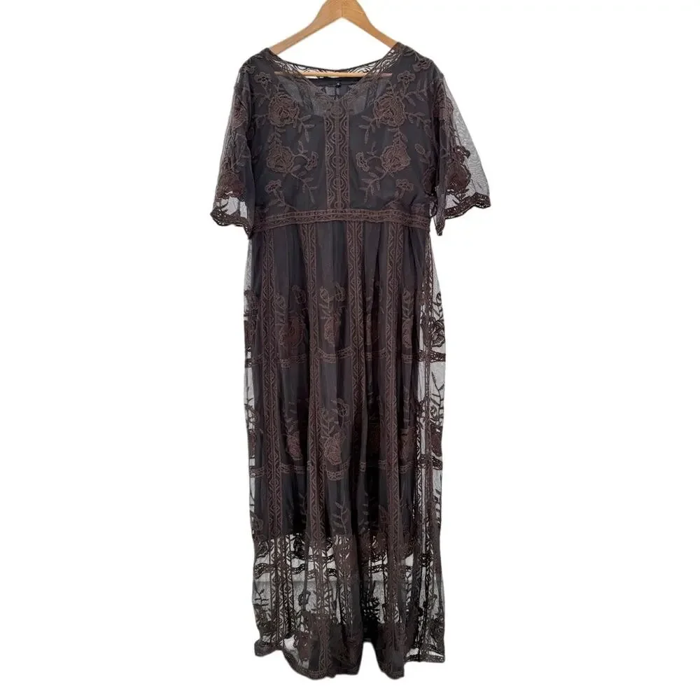 Lace Overlay Whimsigoth Maxi Short Sleeve M Dress Renaissance Moody Dark Fairy