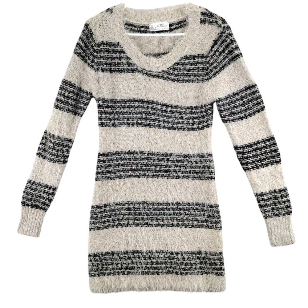 Mirumi Striped Fuzzy Knit Sweater‎ Dress Long Sleeve Sparkle V Neck M