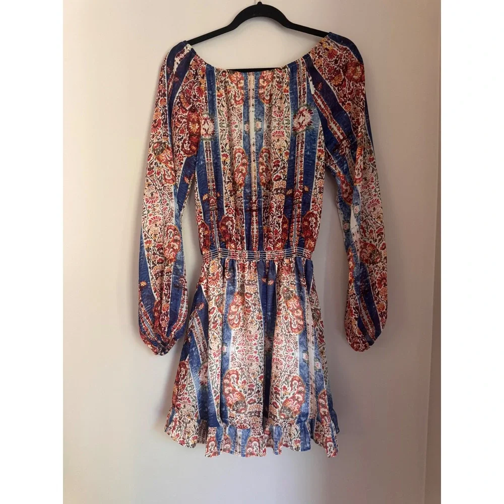 Show Me Your Mumu Womens Paisley Floral Smocked Mini Dress Blue Red Small USA