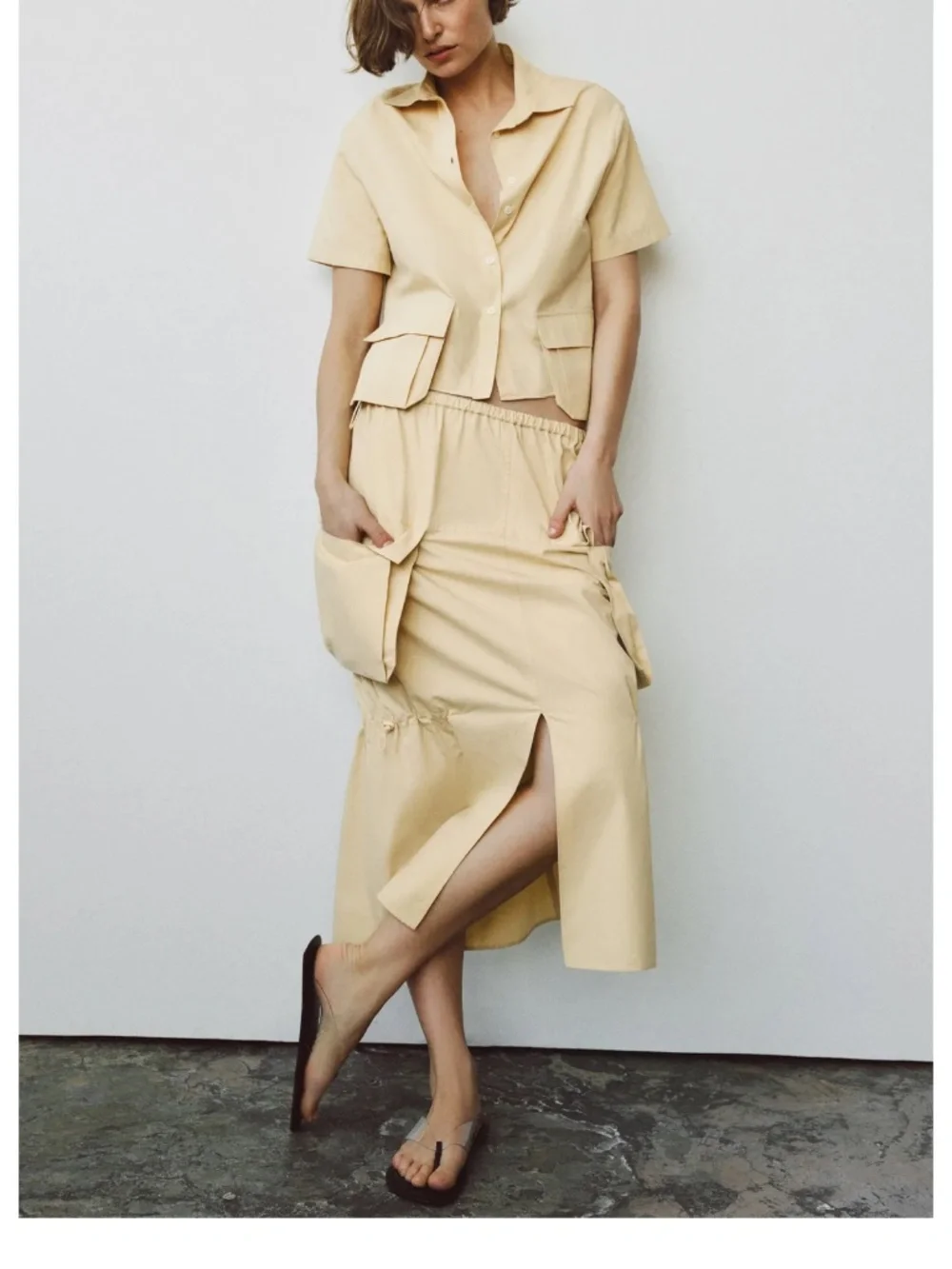 NWT Zara yellow cargo midi skirt