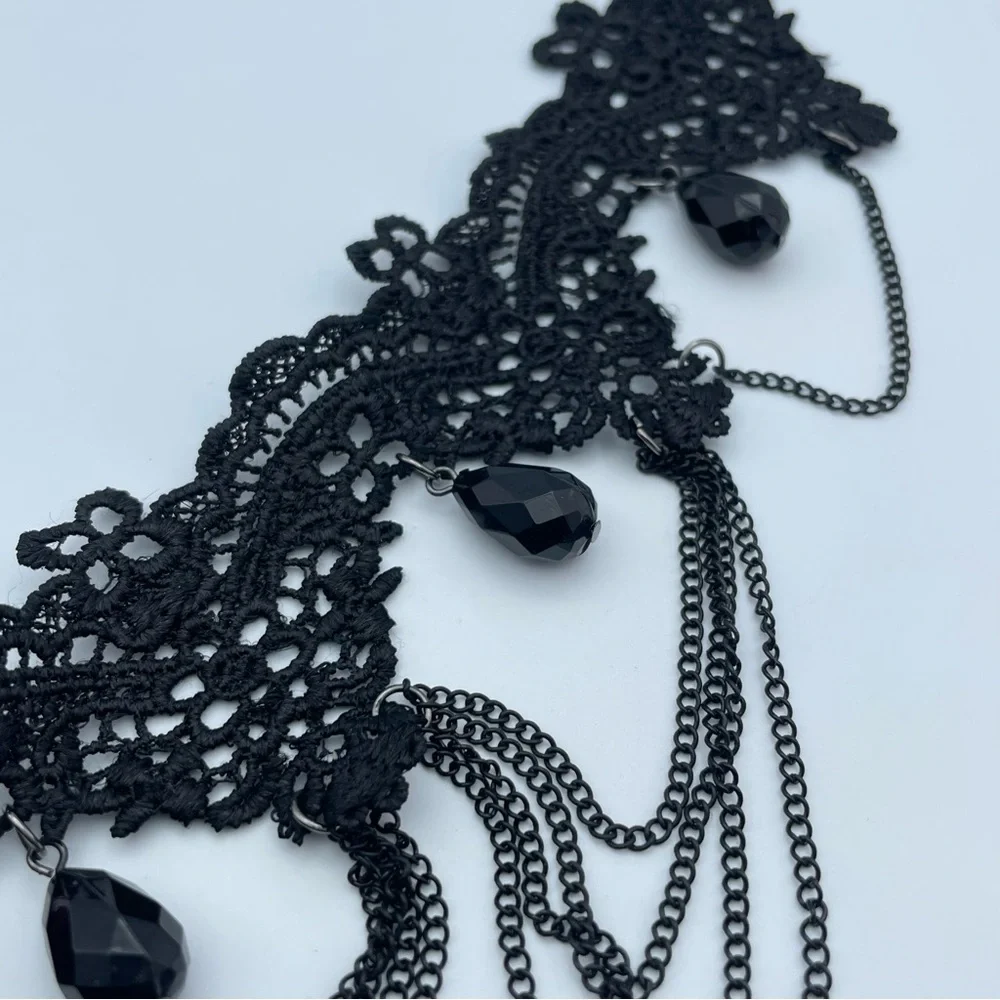 Gothic Black Lace Choker with Red Velvet Rose & Black Teardrop Beads