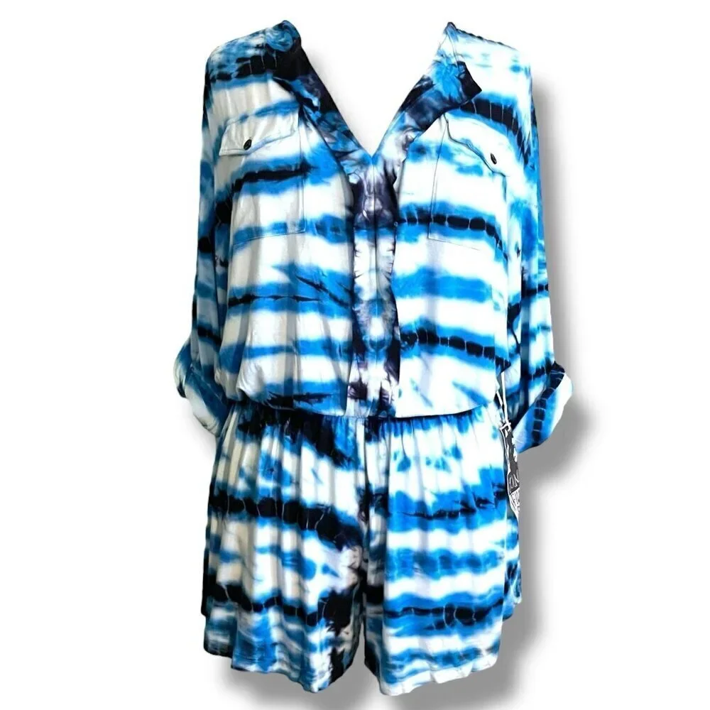Young Fabulous Broke Womens Malik Romper Sz Medium Blue Tie Dye Boho Resortwear