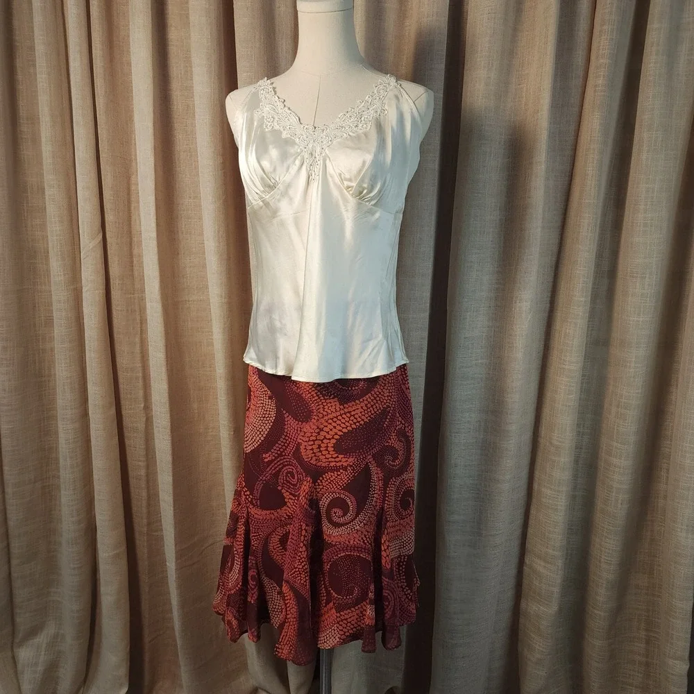 Abstract Swirl Print Midi Skirt Size M Burgundy Orange Flared Ruffle