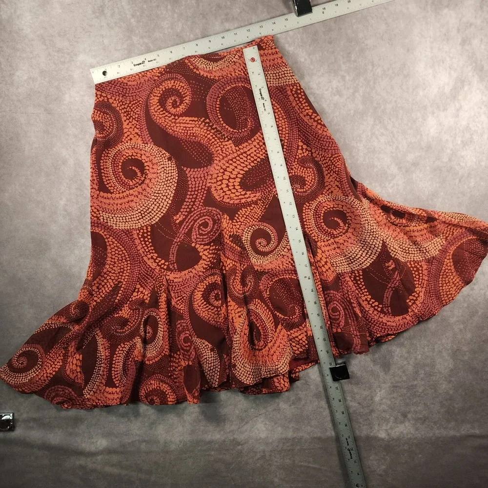 Abstract Swirl Print Midi Skirt Size M Burgundy Orange Flared Ruffle